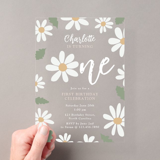 Invitations En Acrylique Fleur de marguerite mignonne 1er anniversaire fill (In situ (ordinateur de poche))