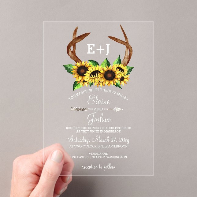 Invitations En Acrylique Fleur de soleil en fleurs Antlers Pays Chic Mariag (In situ (ordinateur de poche))