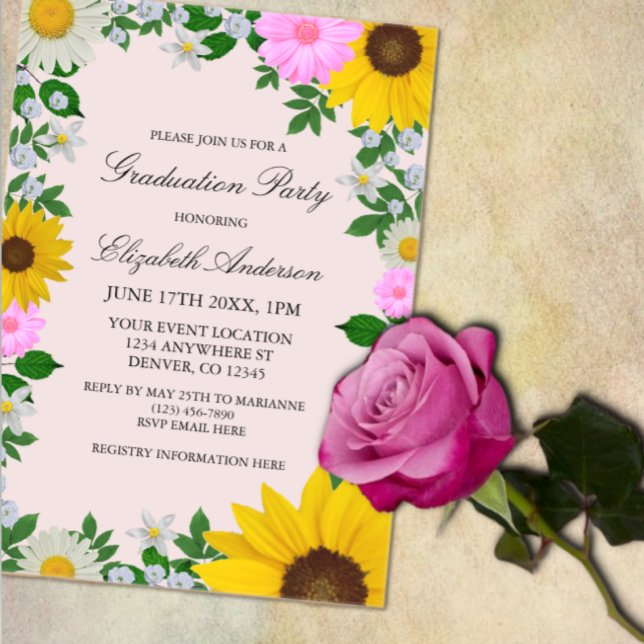 Invitations En Acrylique Fleur de soleil rustique Daisy Floral Graduation P (Créateur téléchargé)