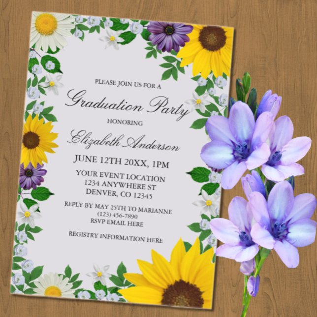 Invitations En Acrylique Fleur de soleil rustique Daisy Graduation florale (Créateur téléchargé)