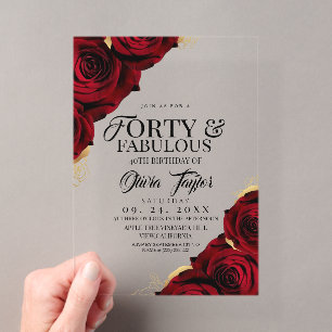 Invitations En Acrylique Fleur Élégante Rouge Or 40e Anniversaire