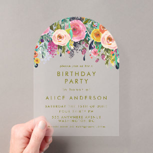 Invitations En Acrylique Fleur peint Elégant Anniversaire clair