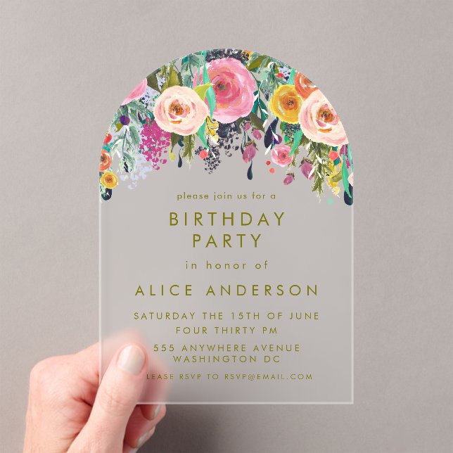 Invitations En Acrylique Fleur peint Elégant Anniversaire clair (In situ (ordinateur de poche))