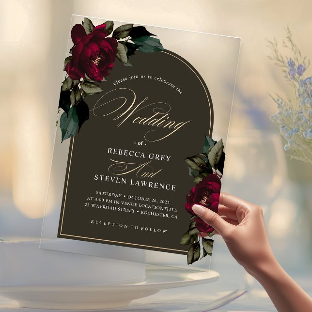Invitations En Acrylique Fleur rouge rouge foncé moody chic mariage (Créateur téléchargé)