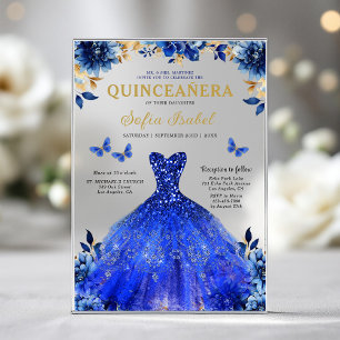 Invitations En Acrylique Fleur Royal Bleu Papillon Princesse Quinceanera
