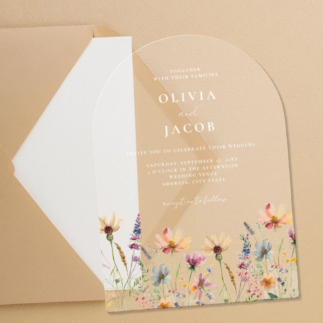 Invitations En Acrylique Fleur sauvage Boho minimaliste Mariage Floral (Créateur téléchargé)