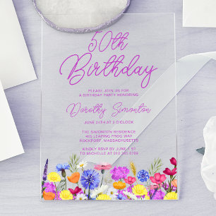 Invitations En Acrylique fleur sauvage Boho violet de la fête du 50e annive