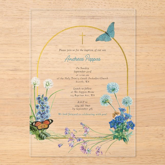Invitations En Acrylique Fleur sauvage de garçon grec orthodoxe baptême (Recto)