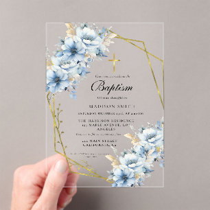 Invitations En Acrylique Fleur sauvage élégant Dusty Blue Garden Baptême