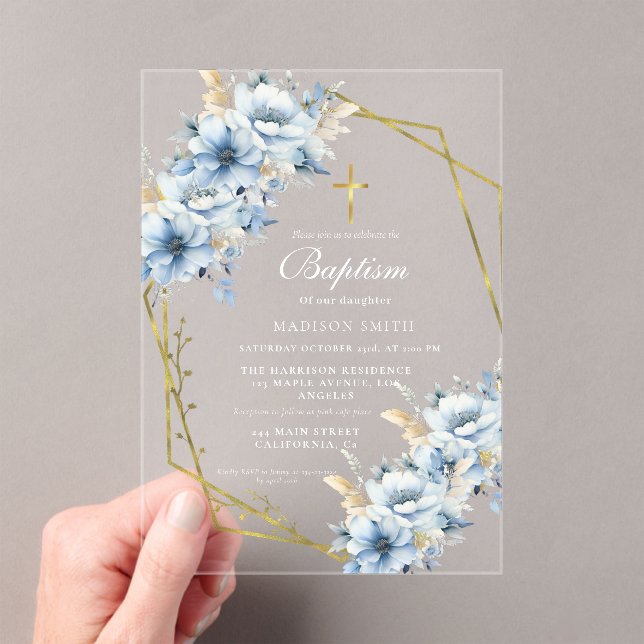 Invitations En Acrylique Fleur sauvage élégant Dusty Blue Garden Baptême (In situ (ordinateur de poche))