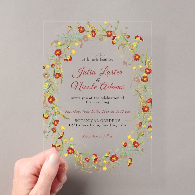 Invitations En Acrylique Fleur sauvage Jaune Marigold Mariage de feuillage (In situ (ordinateur de poche))