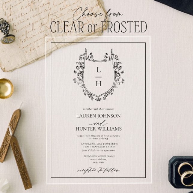 Invitations En Acrylique Fleur sauvage noir classique Monogram Crest Mariag (Créateur téléchargé)