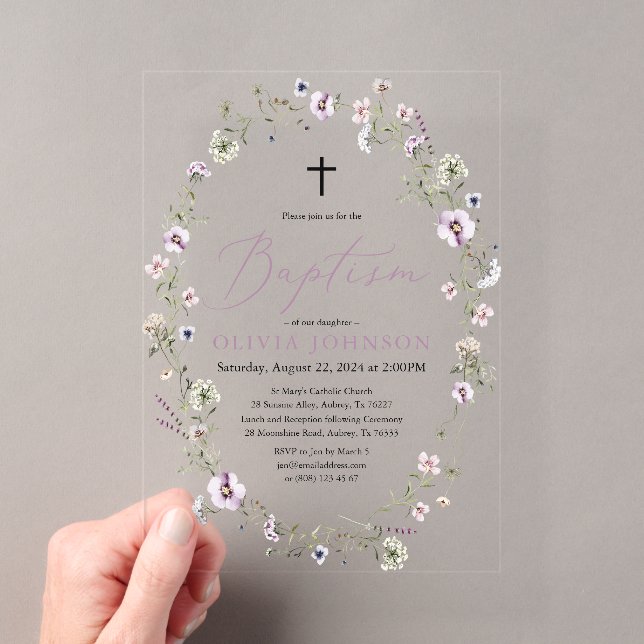 Invitations En Acrylique Fleur sauvage Purple Floral Girl Baptême (In situ (ordinateur de poche))