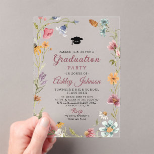 Invitations En Acrylique Fleur sauvage Red Botanical Floral Graduation