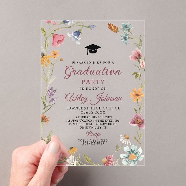 Invitations En Acrylique Fleur sauvage Red Botanical Floral Graduation (In situ (ordinateur de poche))