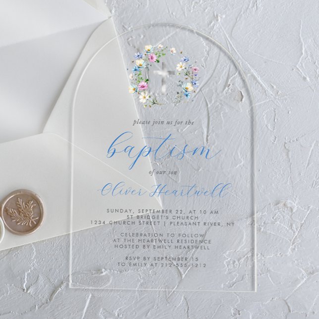 Invitations En Acrylique Fleur sauvage Silver Cross Blue Script Baptême gar (Créateur téléchargé)