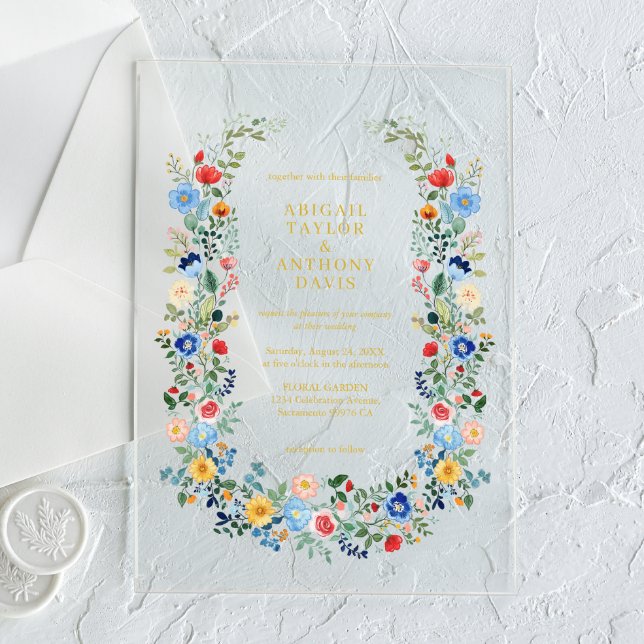Invitations En Acrylique Fleur sauvage Wreath Gold Script Jardin Mariage (Créateur téléchargé)