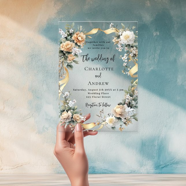 Invitations En Acrylique Fleurons jaunes or ruban clair mariage (Créateur téléchargé)