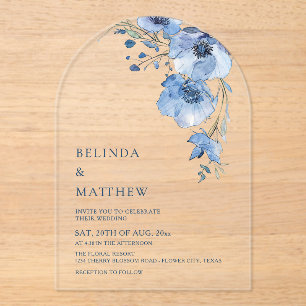 Invitations En Acrylique Fleurs aquarelle bleue Blanche