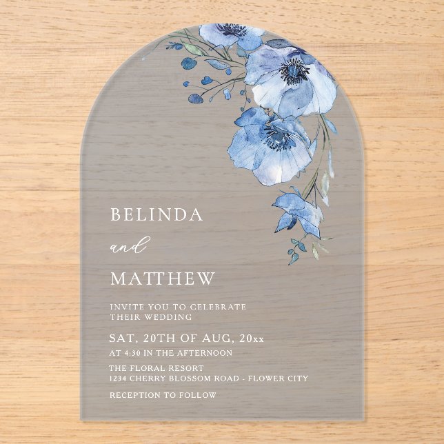 Invitations En Acrylique Fleurs aquarelle bleue Blanche (Recto)