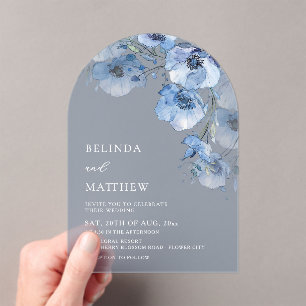 Invitations En Acrylique Fleurs Aquarelles Bleues Mariage Casual Transparen