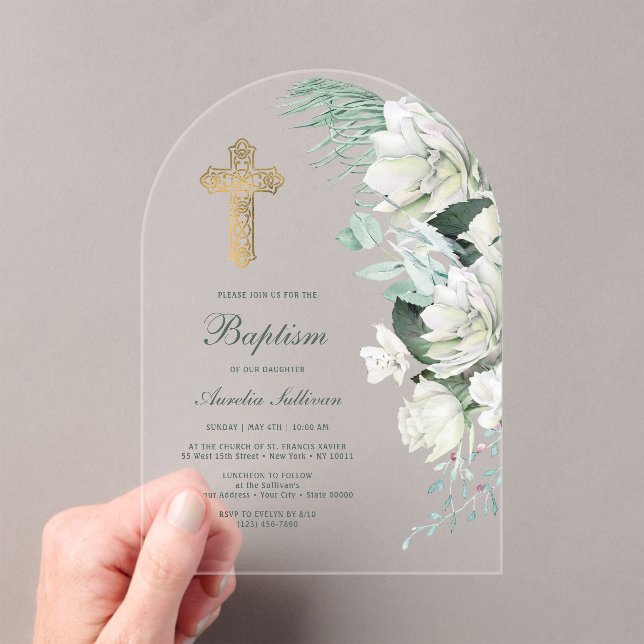 Invitations En Acrylique Fleurs blanches Arc vert Baptême (In situ (ordinateur de poche))