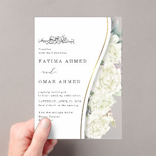 Invitations En Acrylique Fleurs blanches chic Feuillage Mariage musulman is