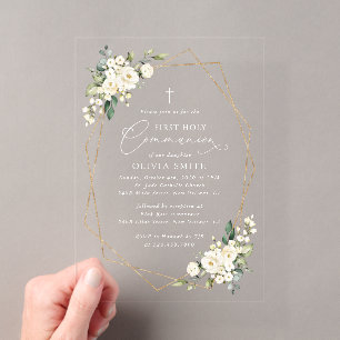 Invitations En Acrylique Fleurs Blanches Crème, Bohème, Première Communion