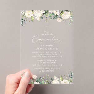 Invitations En Acrylique Fleurs blanches, Fleurs crème, Bohème, Confirmatio
