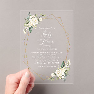 Invitations En Acrylique Fleurs blanches, Fleurs de crème, Boho, Baby showe