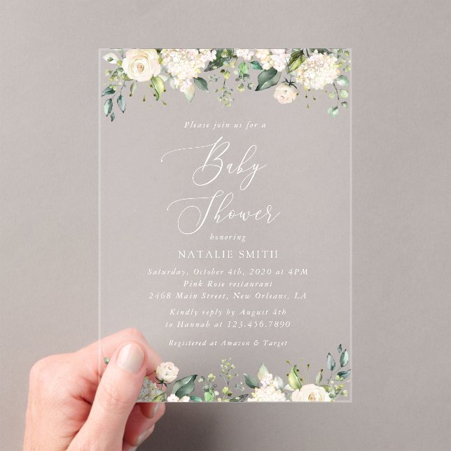 Invitations En Acrylique Fleurs blanches, Fleurs de crème, Boho, Baby showe (In situ (ordinateur de poche))