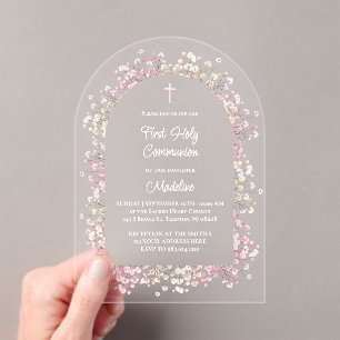 Invitations En Acrylique fleurs blanches roses Première Communion