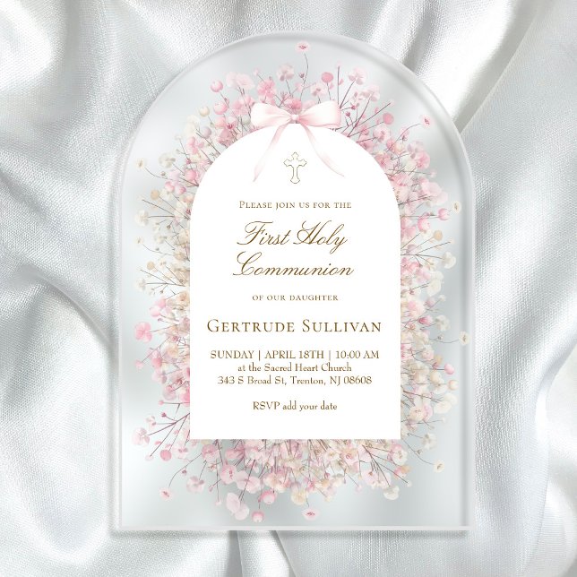 Invitations En Acrylique fleurs blanches roses Première Sainte Communion (Créateur téléchargé)