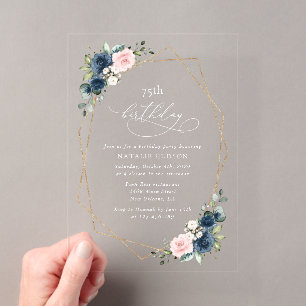 Invitations En Acrylique Fleurs Bleu Marine, Fleurs Roses, Bohème, Annivers