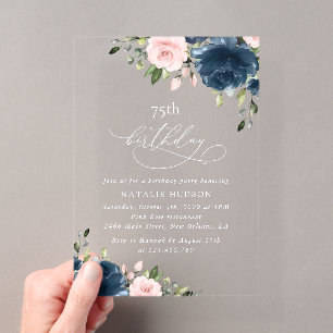 Invitations En Acrylique Fleurs Bleu Marine, Fleurs Roses, Bohème, Annivers