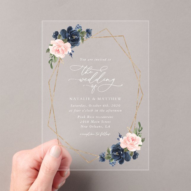 Invitations En Acrylique Fleurs Bleu Marine, Fleurs Roses, Mariage Floral (In situ (ordinateur de poche))