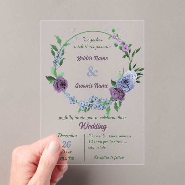 Invitations En Acrylique Fleurs bleu pourpre vert feuille mariage (In situ (ordinateur de poche))