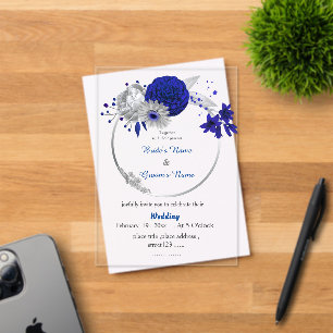 Invitations En Acrylique fleurs bleu royal couronne florale argentée mariag
