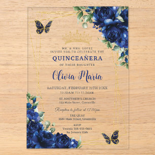 Invitations En Acrylique Fleurs Bleu Royal Papillons Floraux Quinceañera