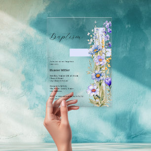 Invitations En Acrylique Fleurs bleues croix garçon clair Baptême