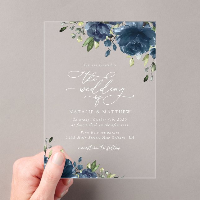 Invitations En Acrylique Fleurs bleues de la Marine, Verdure, Boho, Mariage (In situ (ordinateur de poche))