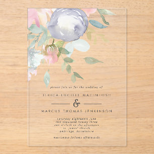 Invitations En Acrylique Fleurs bleues et roses rousses Pastel Mariage de p