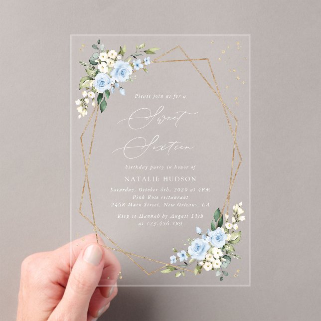 Invitations En Acrylique Fleurs bleues, Fleurs blanches, Verdure, Doux 16 (In situ (ordinateur de poche))