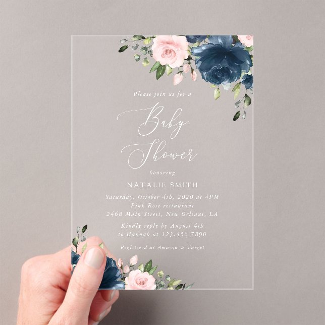 Invitations En Acrylique Fleurs Bleues Marine, Fleurs Roses, Baby shower (In situ (ordinateur de poche))