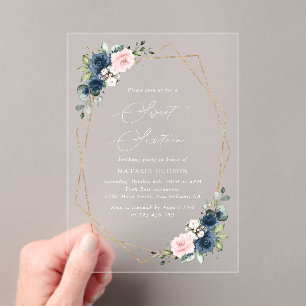 Invitations En Acrylique Fleurs Bleues Marine, Fleurs Roses, Boho, Sweet 16