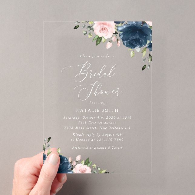 Invitations En Acrylique Fleurs Bleues Marine, Fleurs Roses, Fête des marié (In situ (ordinateur de poche))