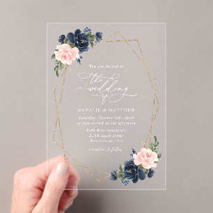 Invitations En Acrylique Fleurs Bleues Marine, Fleurs Roses, Mariage Floral