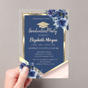 Invitations En Acrylique Fleurs Bleues Rose Doré Paillettes Diplômé