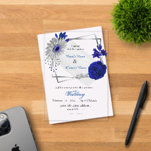 Invitations En Acrylique fleurs bleues royales argent mariage géométrique