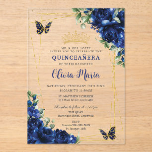 Invitations En Acrylique Fleurs bleues royales Floral Quinceañera Papillons